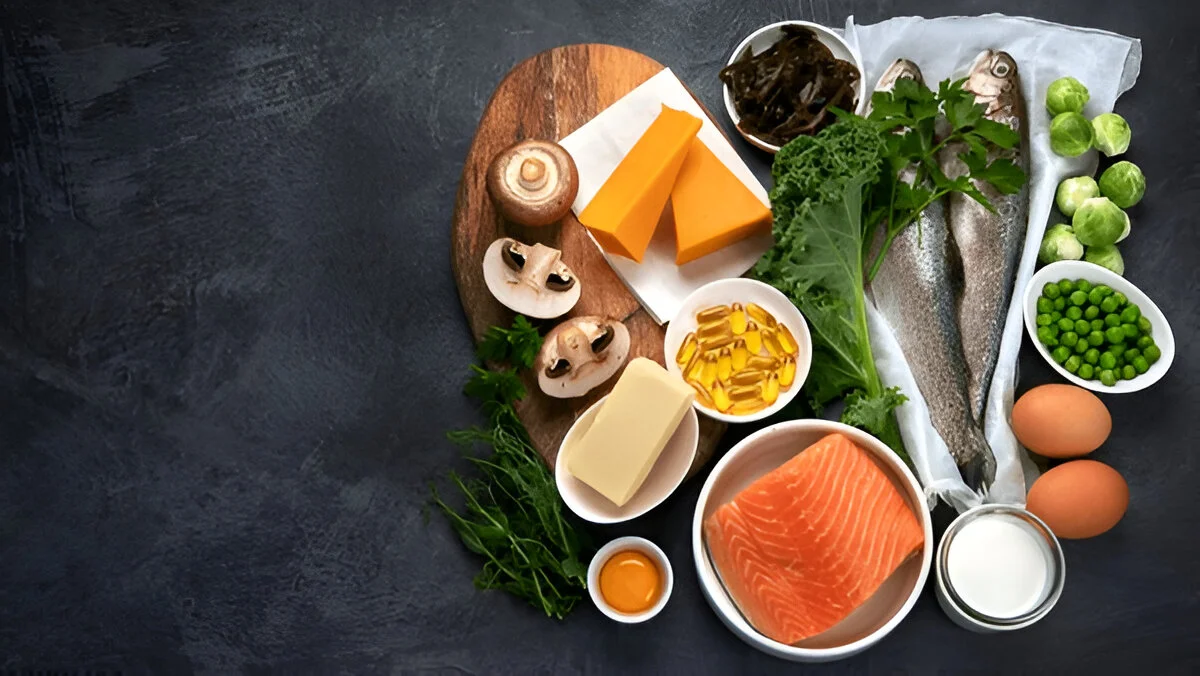 Foods rich in Vitamin D like salmon, eggs, and cheese, addressing Vitamin D deficiency and related symptoms.