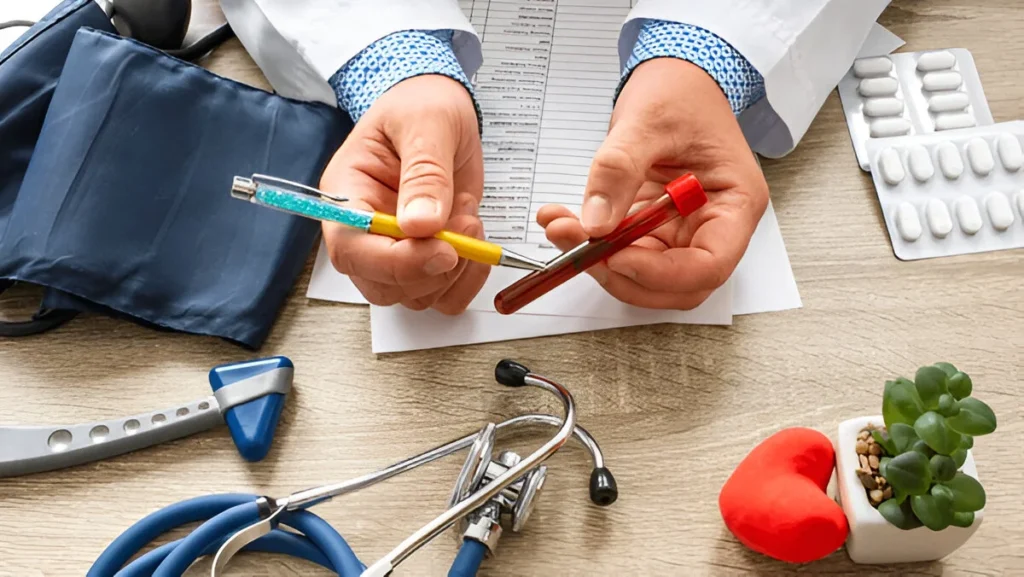 Doctor holding a blood sample tube at a medical desk with stethoscope and healthcare tools, highlighting male infertility diagnosis and assessment.