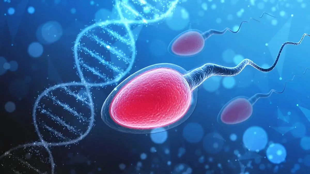 Illustration of sperm cells and DNA strands, symbolizing male fertility and reproductive health.